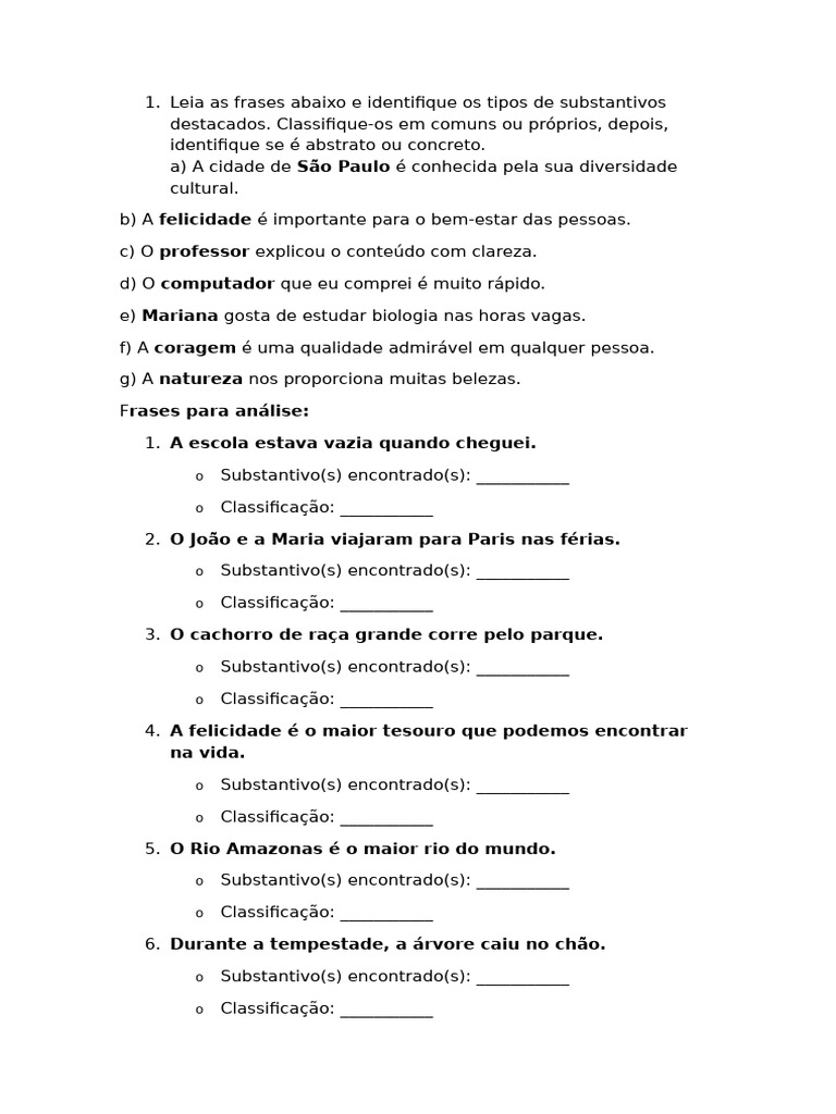 Leia As Frases Abaixo e Identifique Os Tipos de Substantivos Destacados ...