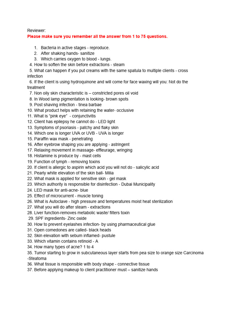 Beauty Therapy Exam Q&A Guide | PDF | Skin | Ultraviolet