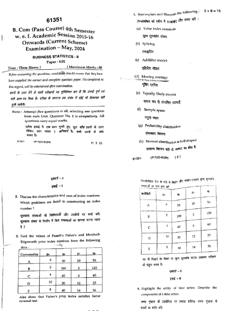 Bcom 4 Sem Business Statistics 2 61351 May 2024 | PDF