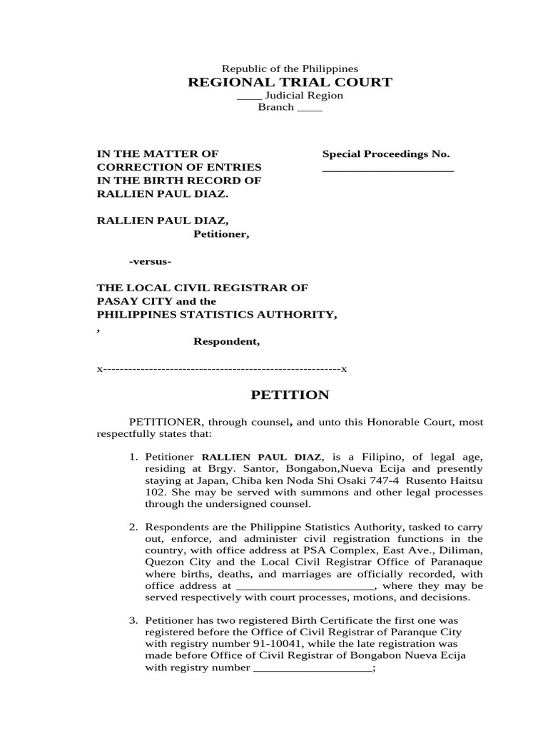 Petition for Correction of Birth Record | PDF | Birth Certificate ...