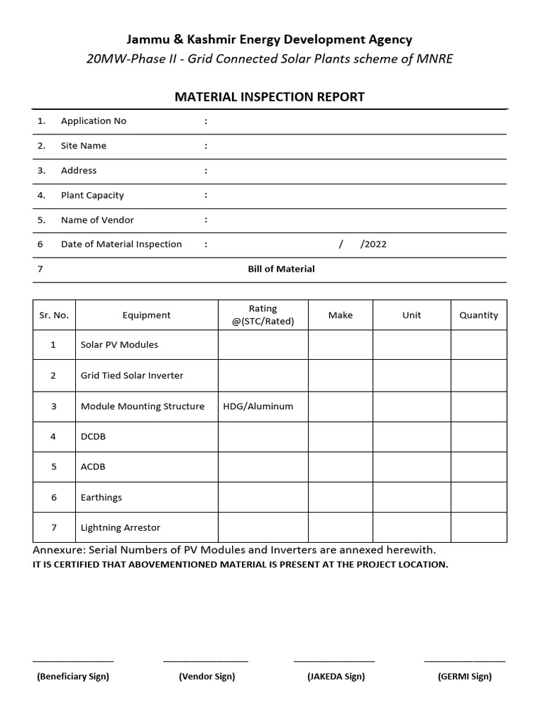 20 MW Residential JAKEDA Material Inspection Report 1 0 | PDF