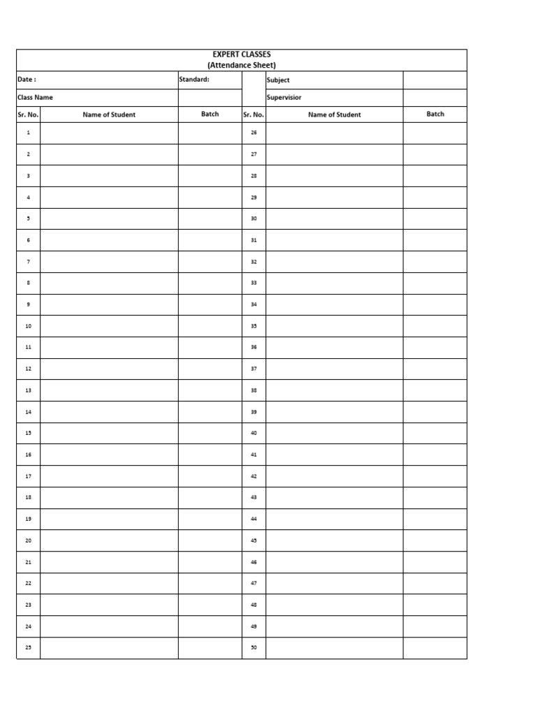 Attendance Sheet for Expert Classes | PDF