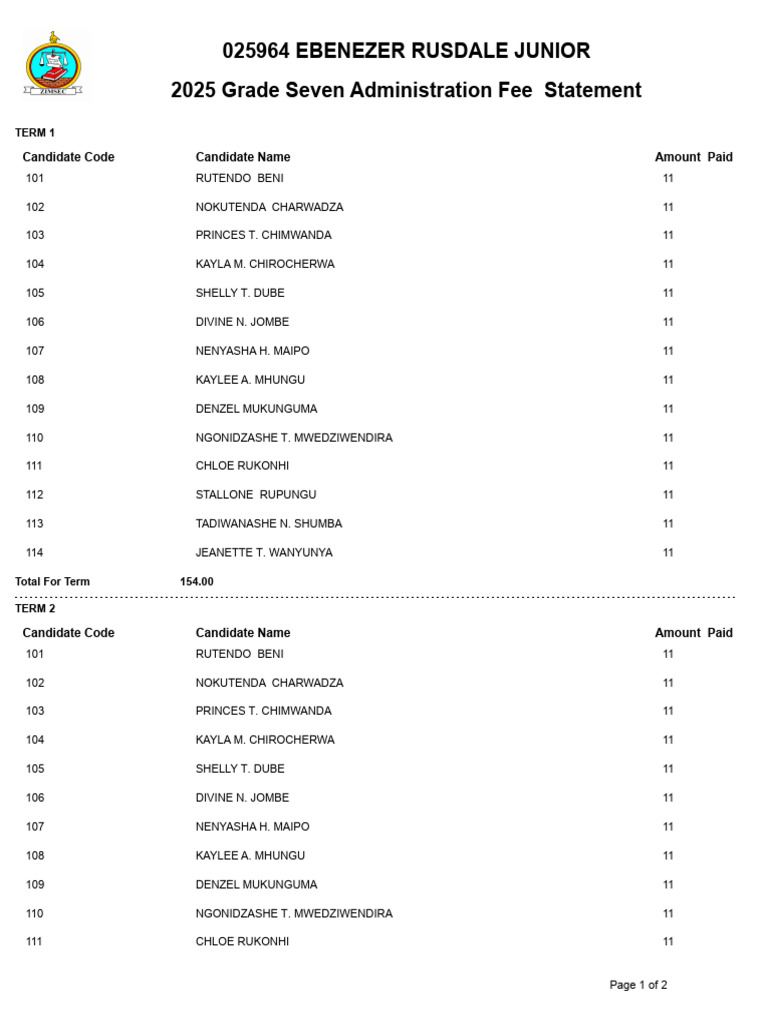 2025 Grade 7 Fee Statement Summary | PDF