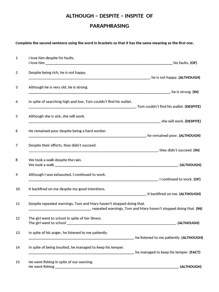 Paraphrasing with Although, Despite, In Spite | PDF
