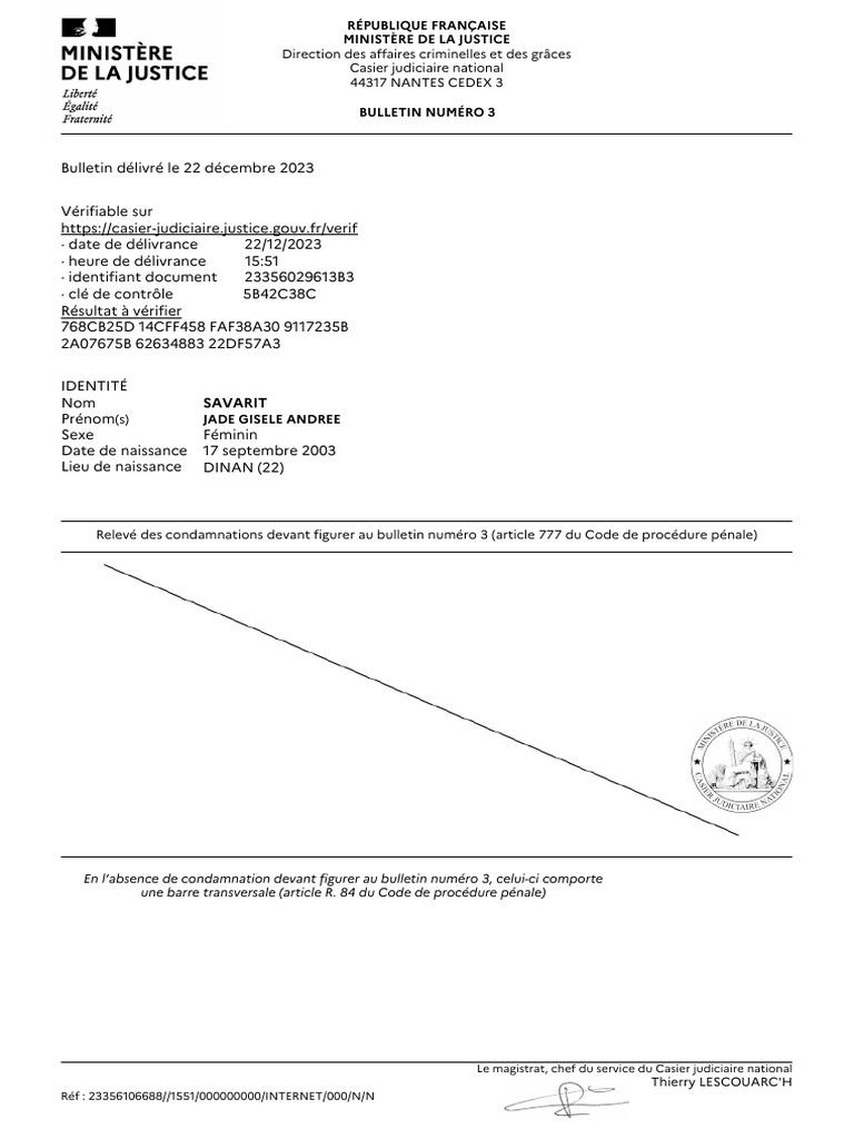 Bulletin n°3 Casier Judiciaire de Jade Savarit | PDF