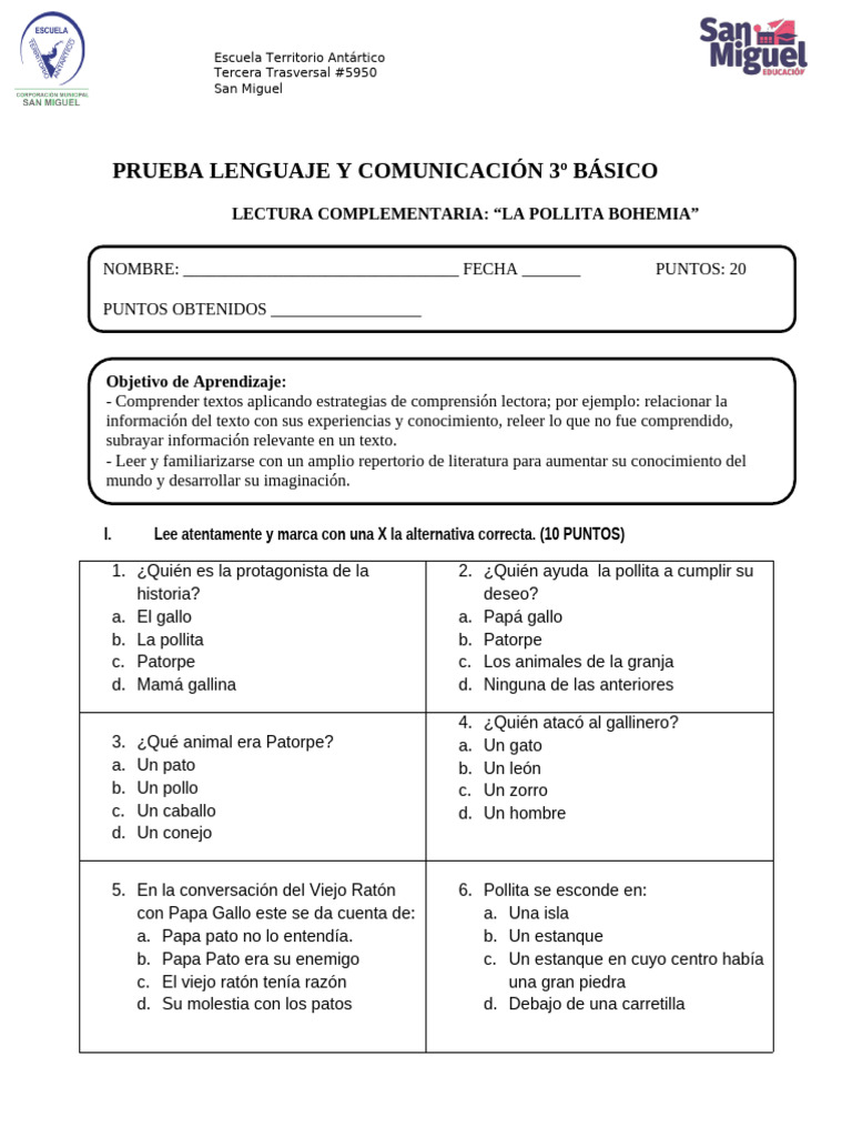 La Pollita Bohemia: Comprensión Lectora | PDF
