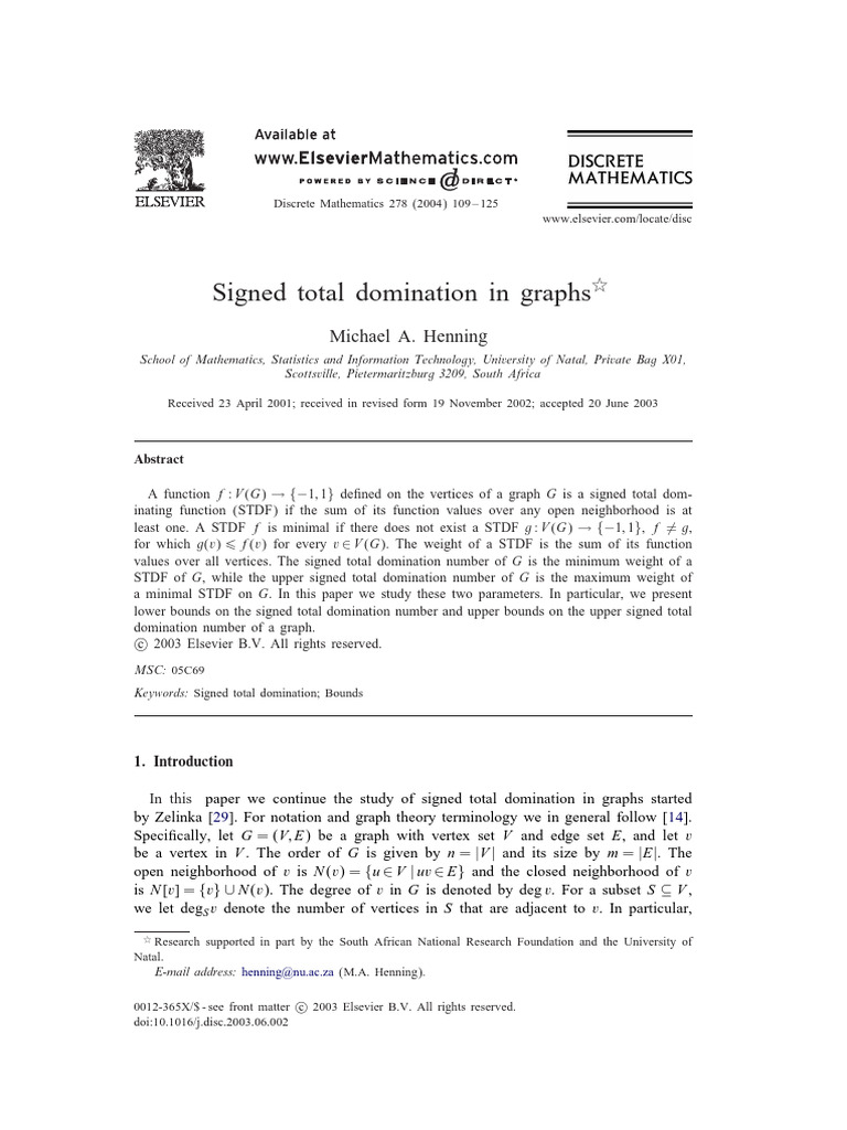 Signed Total Domination in Graphs 2004 Discrete Mathematics | PDF ...