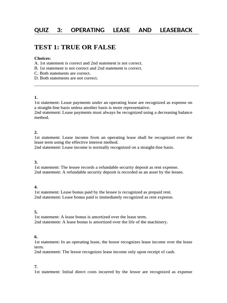 Operating Lease and Leaseback Quiz | PDF | Lease | Debits And Credits