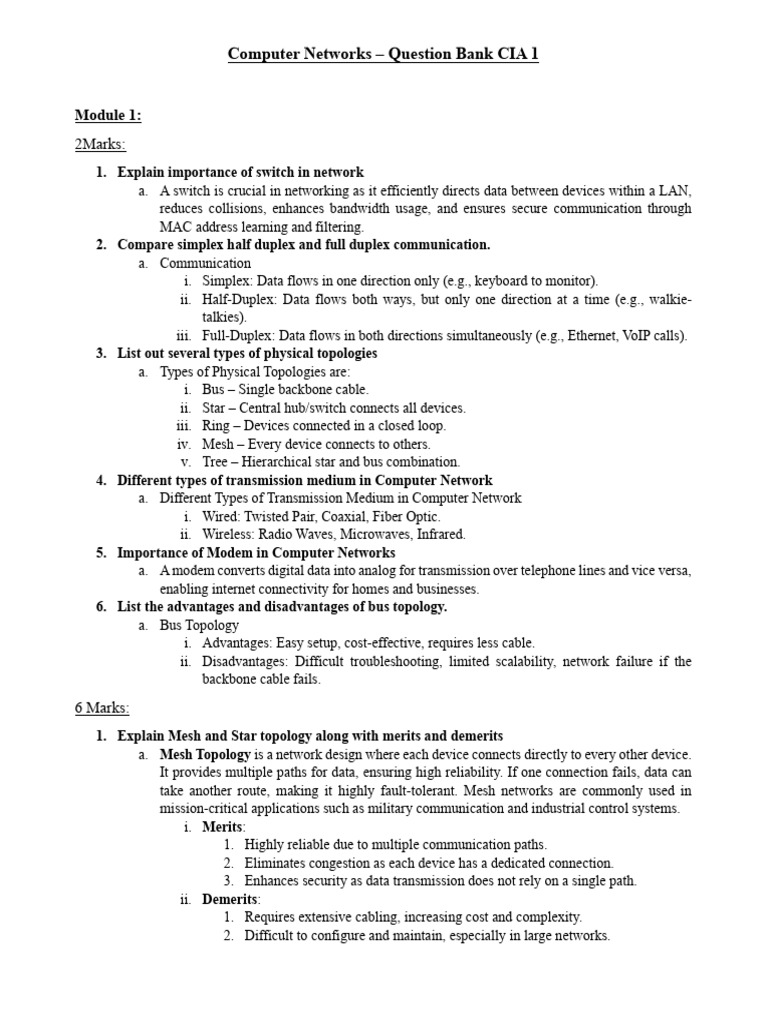 Computer Networks Question Bank CIA 1 | PDF | Error Detection And ...