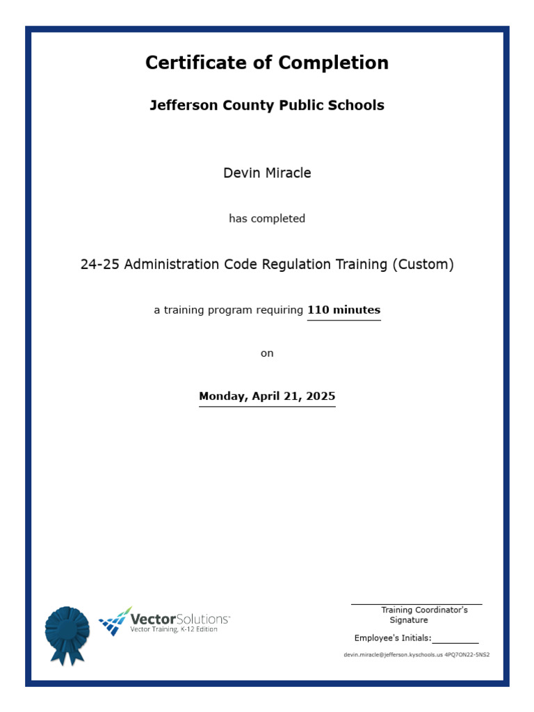 Certificate of Completion For 24-25 Administration Code Regulation ...