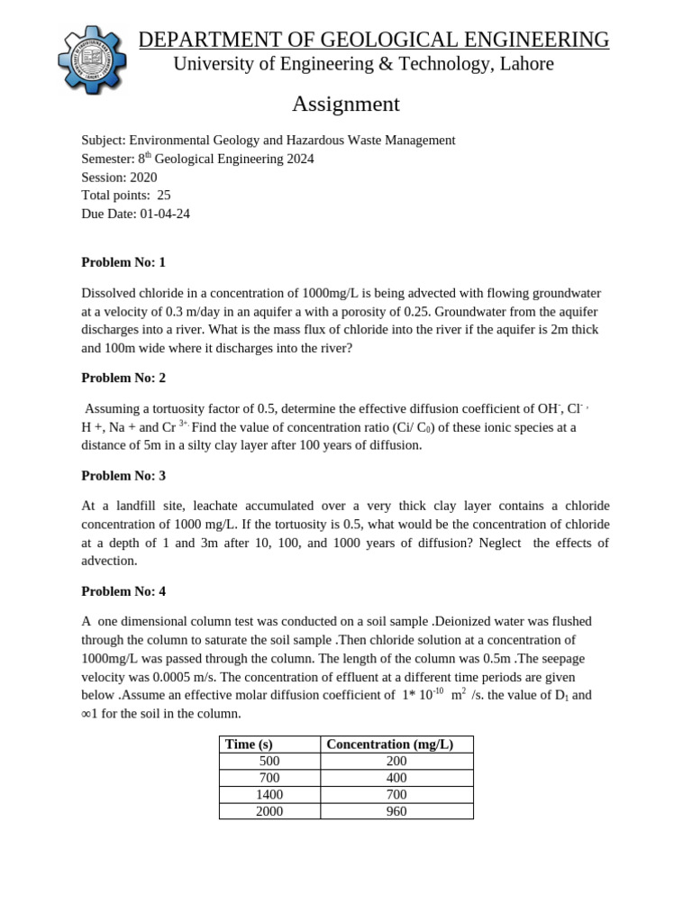 Assignment (Contaminant Transport and Fate) | PDF | Diffusion | Aquifer