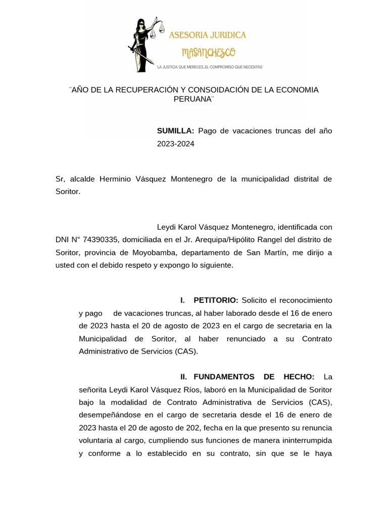 Solicitud de Pago por Vacaciones Truncas | PDF | Justicia | Crimen y ...