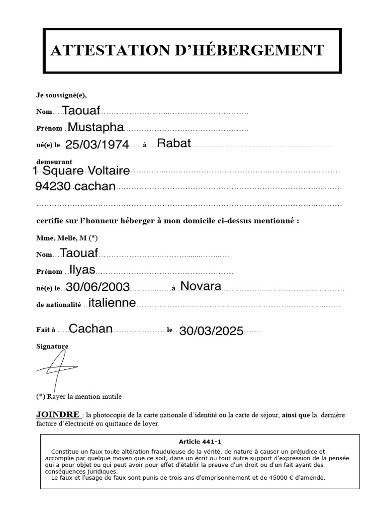 Attestation d'Hébergement PDF | PDF