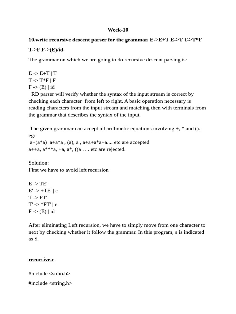 Recursive Descent Parser Implementation | PDF