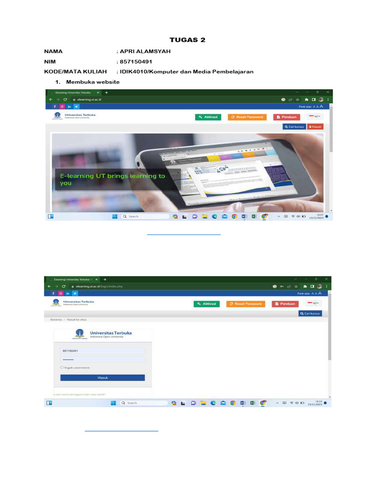 Panduan Login E-Learning UT | PDF