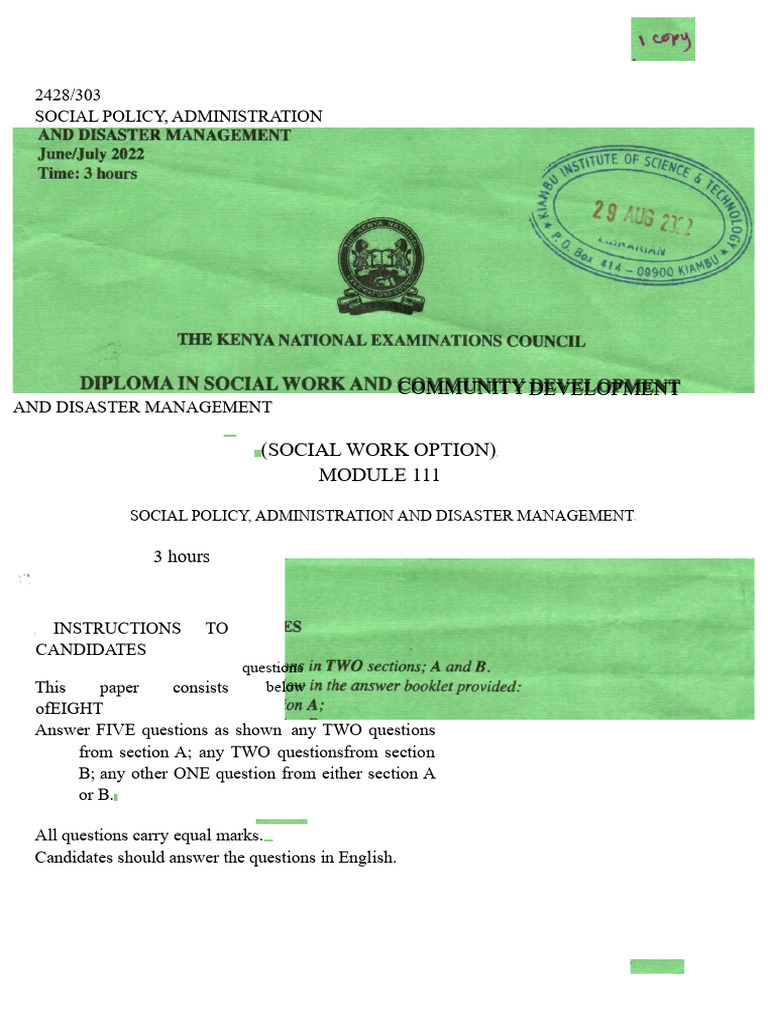 Social Policy Administration and Disaster Management Module III July ...