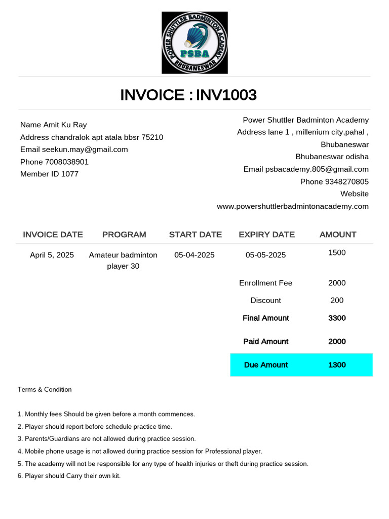 Invoice for Badminton Academy Enrollment | PDF