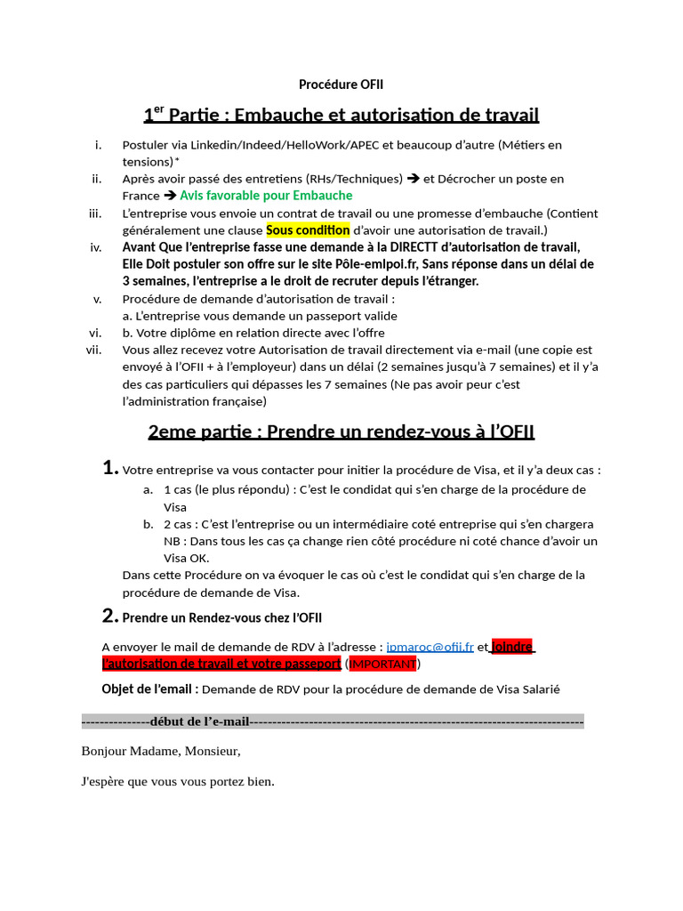Procédure OFII pour Visa Salarié | PDF