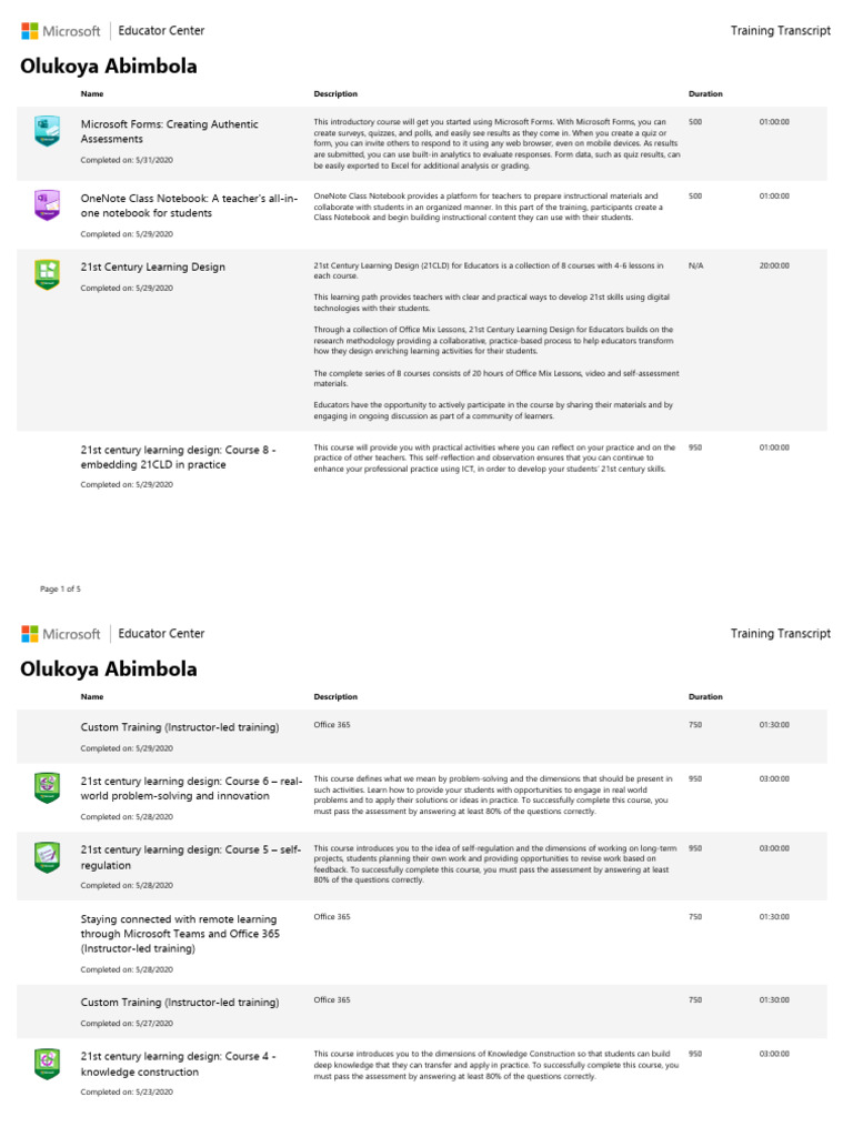 Microsoft Educator Training Transcript | PDF | Educational Technology ...