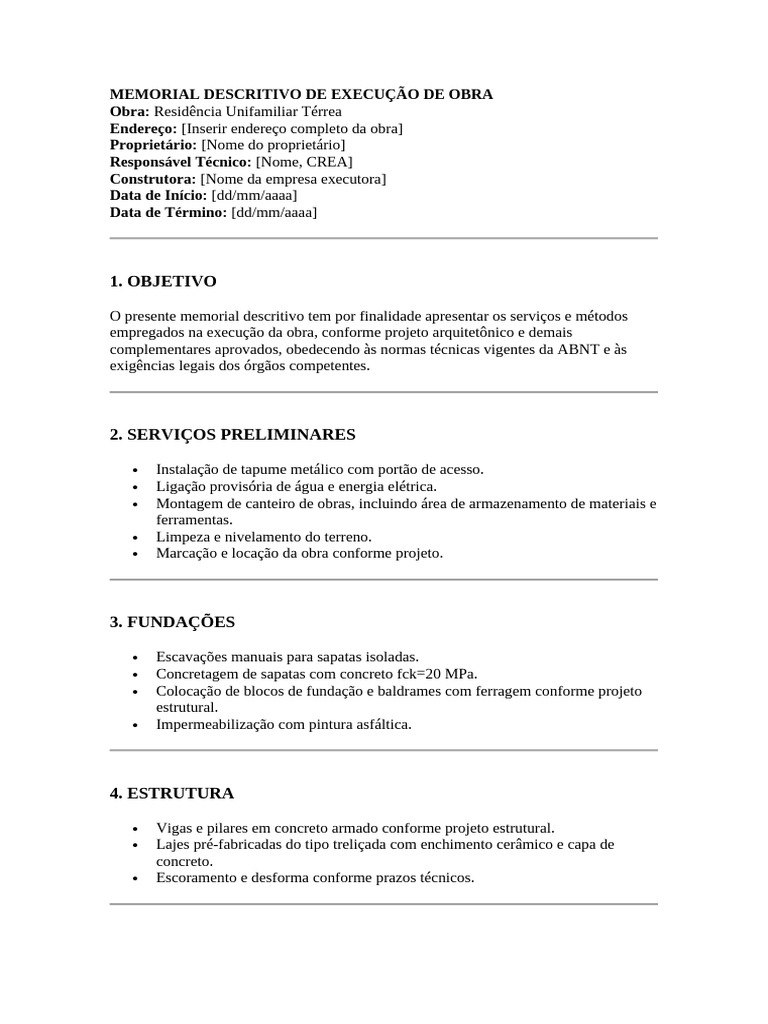Memorial Descritivo de Obra Residencial | PDF | Materiais | Engenharia ...