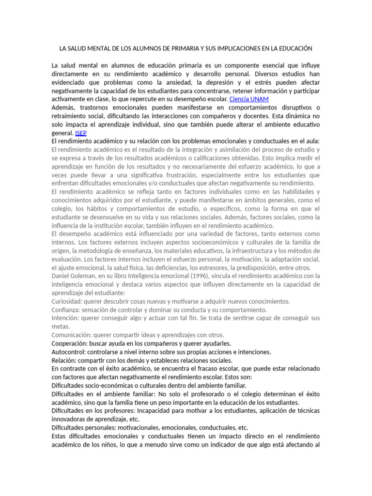 Salud Mental y Rendimiento Escolar en Primaria | PDF | Las emociones ...