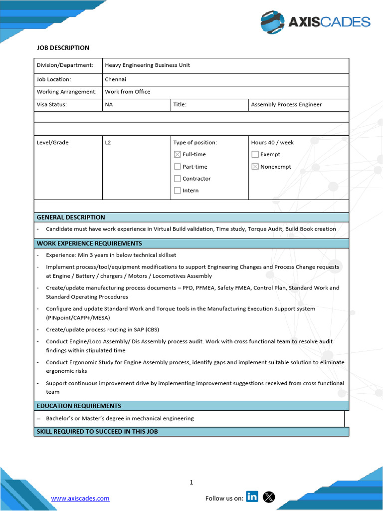 ACTL - Assembly Process Engineer JD - Heavy Engg | PDF | Engineering ...