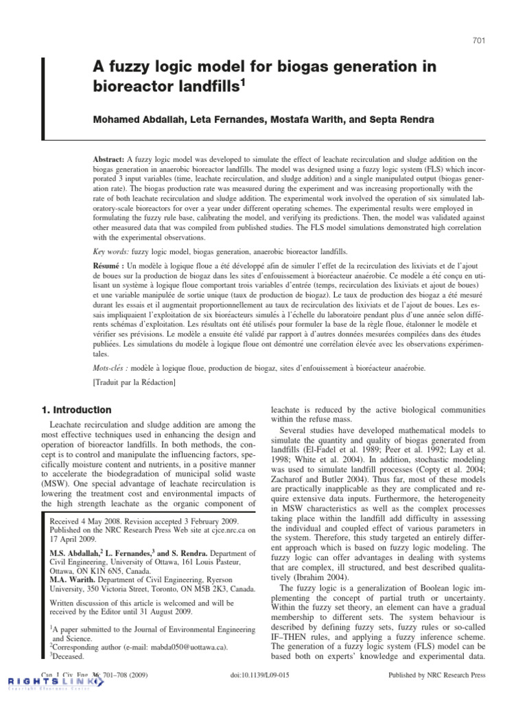 A Fuzzy Logic Model For Biogas Generation in Bioreactor Landfills | PDF ...