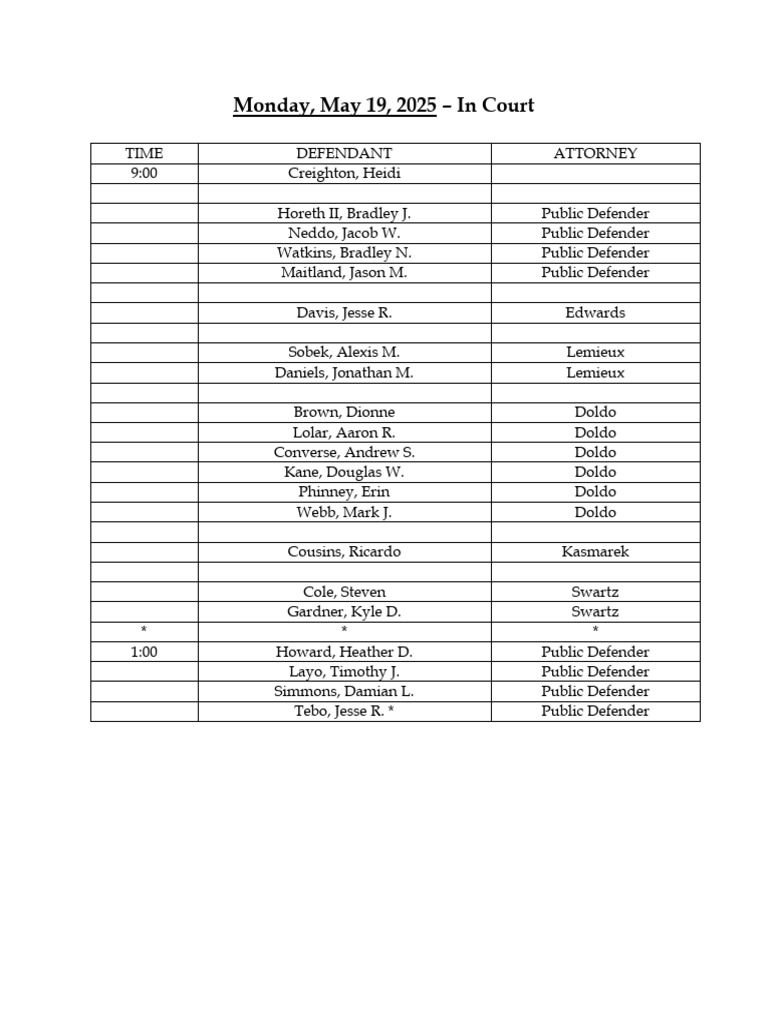 Jefferson County Court Calendar May 19, 2025 PDF