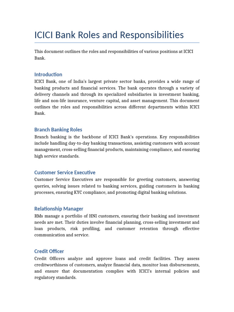 ICICI Bank Roles and Responsibilities Overview | PDF | Banks ...