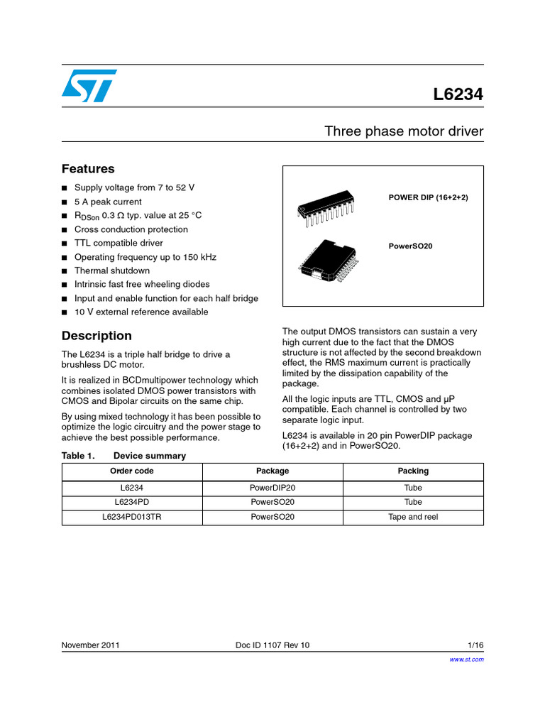 L6234 Three-Phase Motor Driver Specs | PDF | Mosfet | Logic Gate
