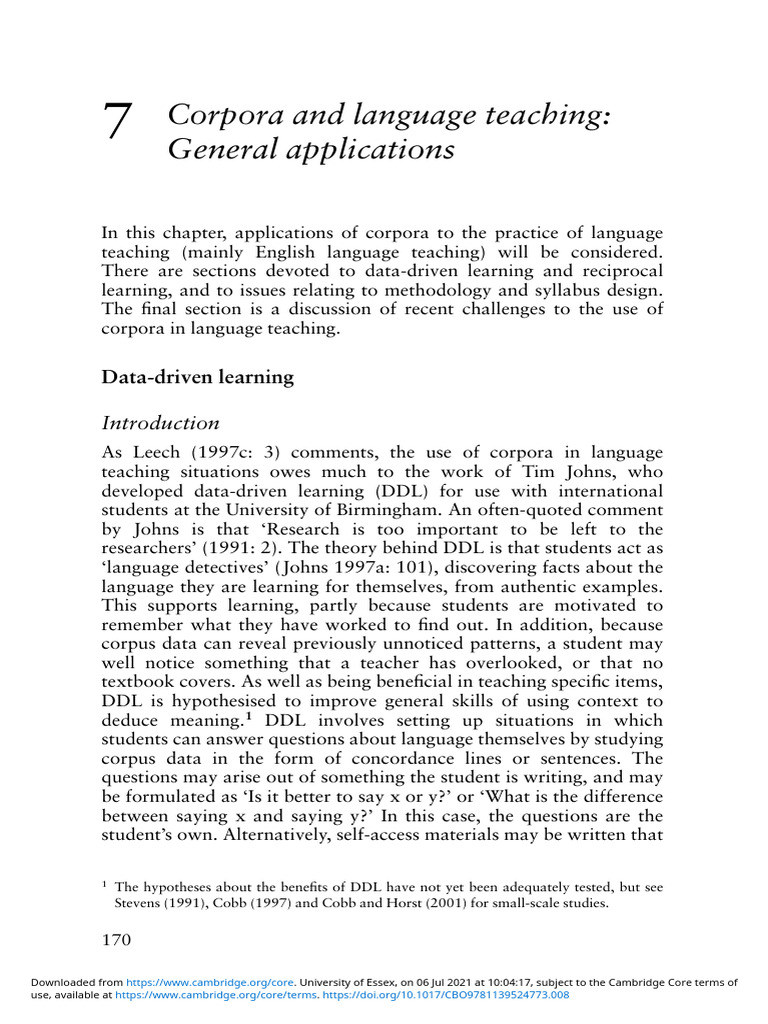 11.0 PP 170 197 Corpora and Language Teaching General Applications | PDF