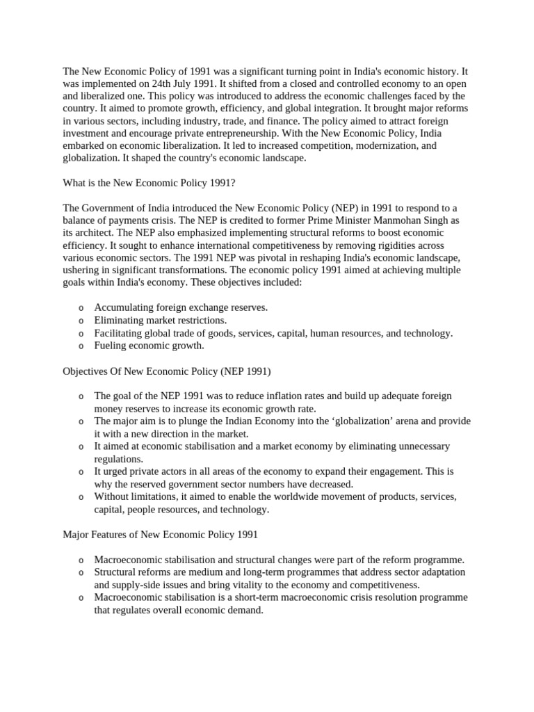 India's 1991 Economic Policy Overview | PDF | Economy Of India ...