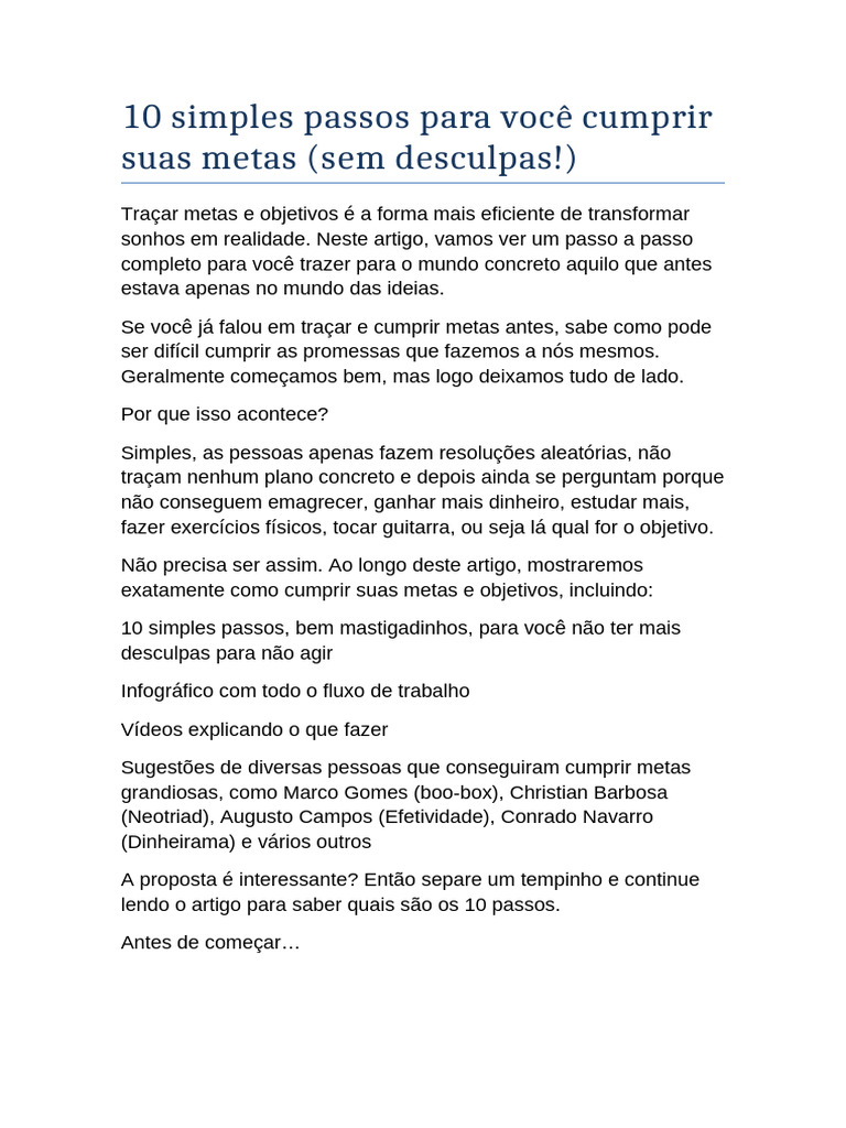 10 Passos para Cumprir Metas Eficazes | PDF | Tempo | Dinheiro