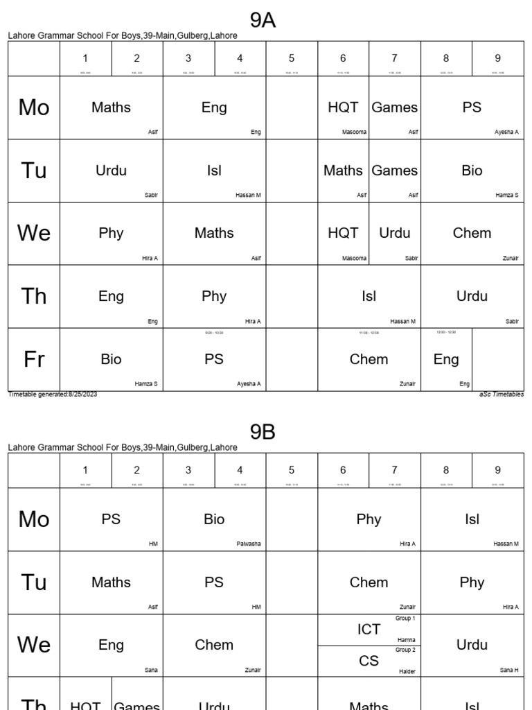 Lahore Grammar School Timetable 2023 | PDF | Urdu