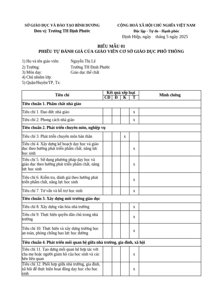 Bieu Mau 01 Phieu Tu Danh Gia Cua Giao Vien Co So Giao Duc | PDF