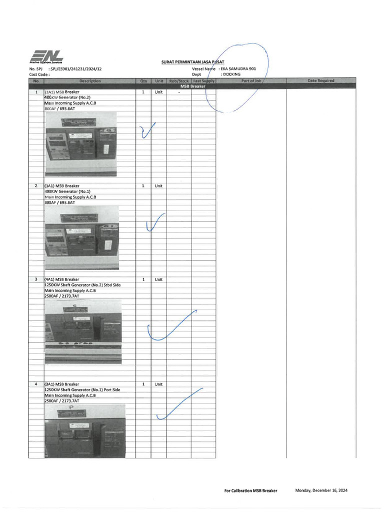 SPJ 241231 18 Dec 24 EKA SAMUDRA 901 (Calibration MSB Breaker) | PDF