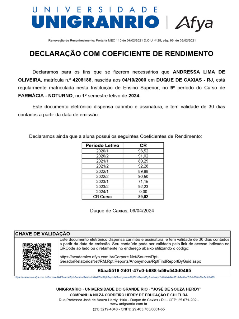 Declaração de Coeficiente de Rendimento | PDF