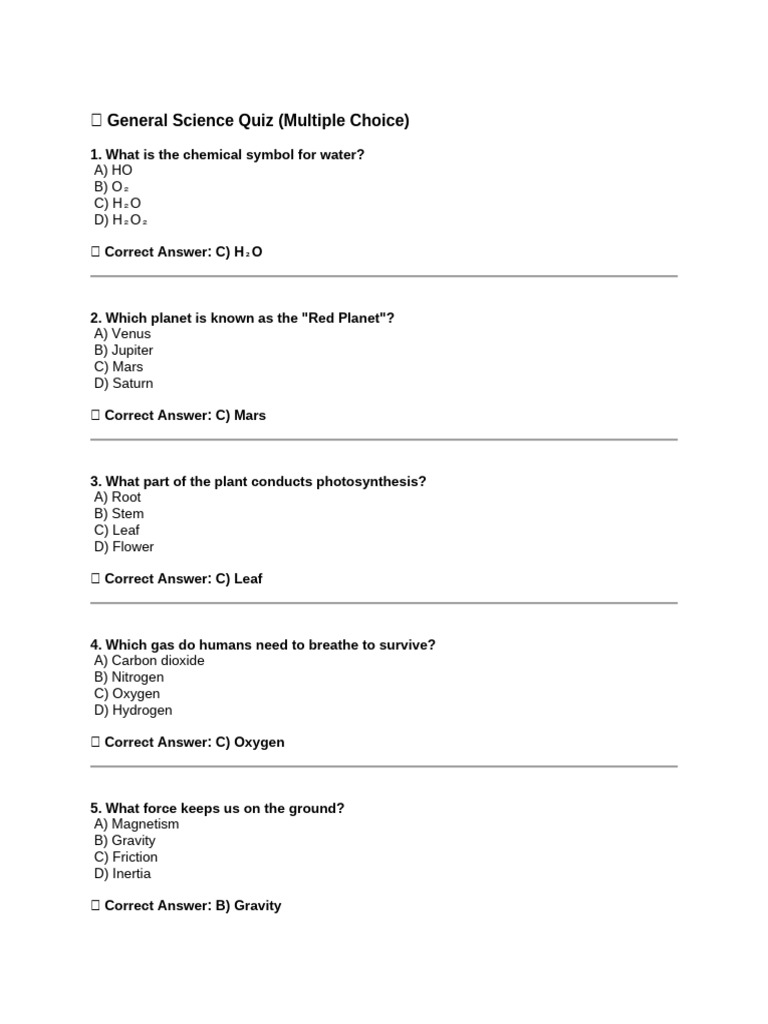Grade 5 Science Quiz MCQs | PDF