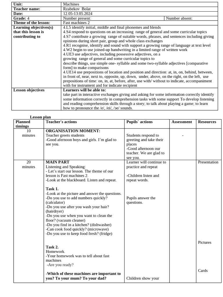Fast Machines Lesson Plan for Grade 4 | PDF | Linguistics | Human ...