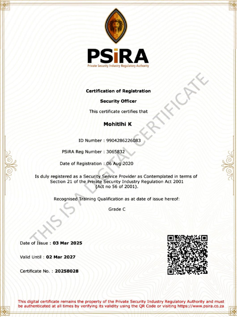 PSIRA Certificate for Security Officer | PDF