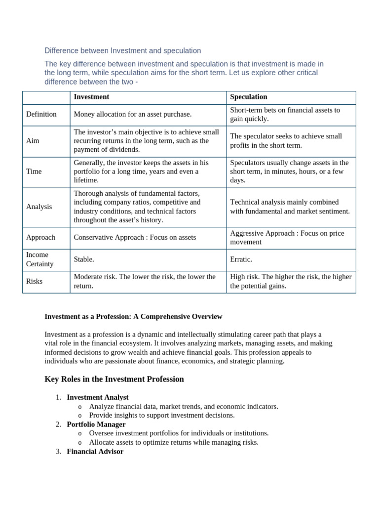 Investment vs Speculation Explained | PDF | Investing | Speculation