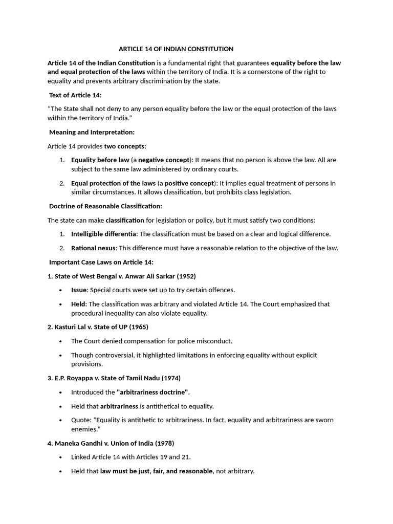 Understanding Article 14: Equality in India | PDF | Equal Protection ...