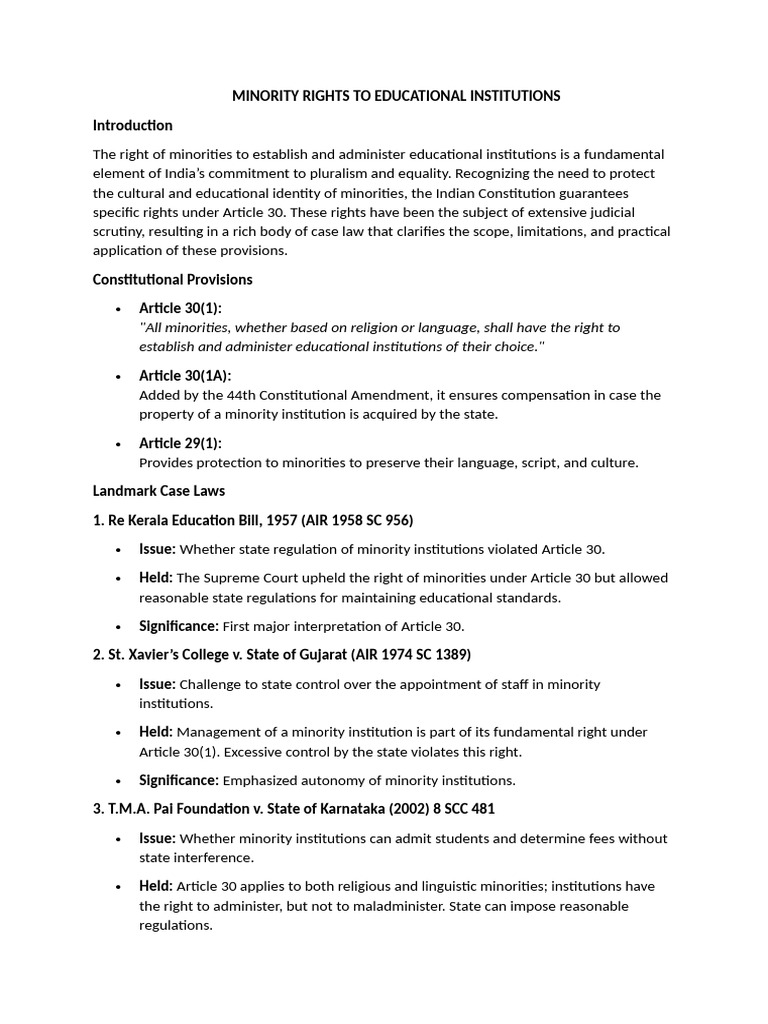 Minority Rights in Education: Article 30 | PDF | Constitutional Law ...
