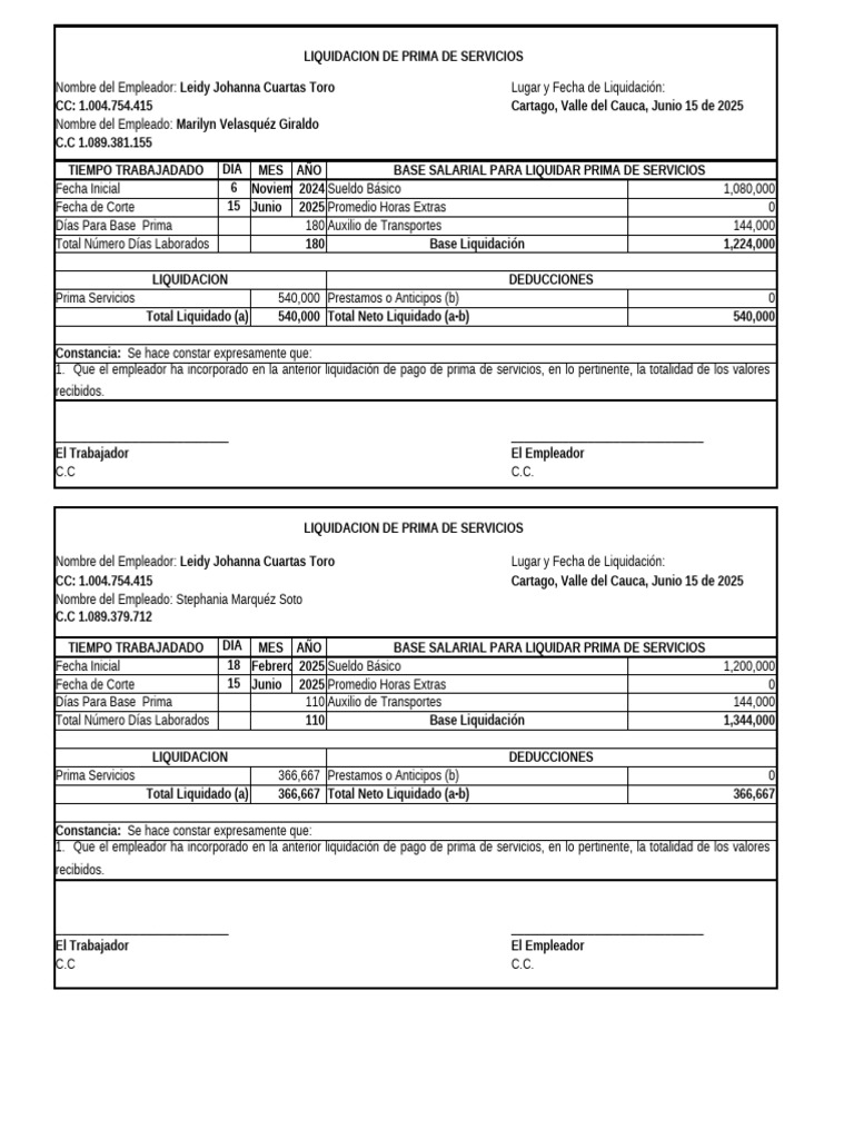 Prima de Servicios Liquidador | PDF