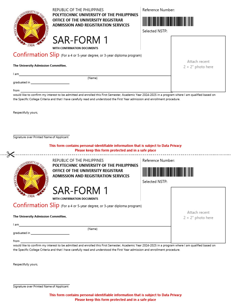 PUP Admission Confirmation Form 2024-2025 | PDF | Birth Certificate
