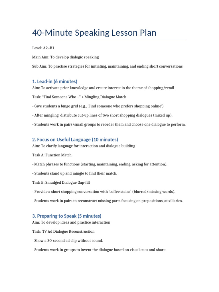 40-Minute A2-B1 Speaking Lesson Plan | PDF | Human Communication ...