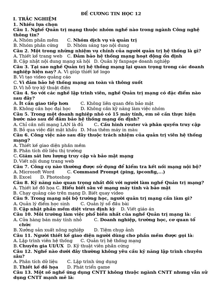 Đề Cương Tin Học 12 | PDF