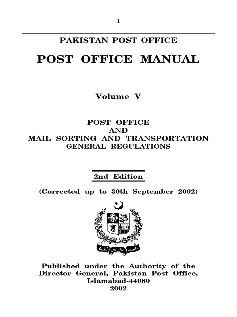 Pakistan Post Office Manual Volume V | PDF | Mail | Public Services