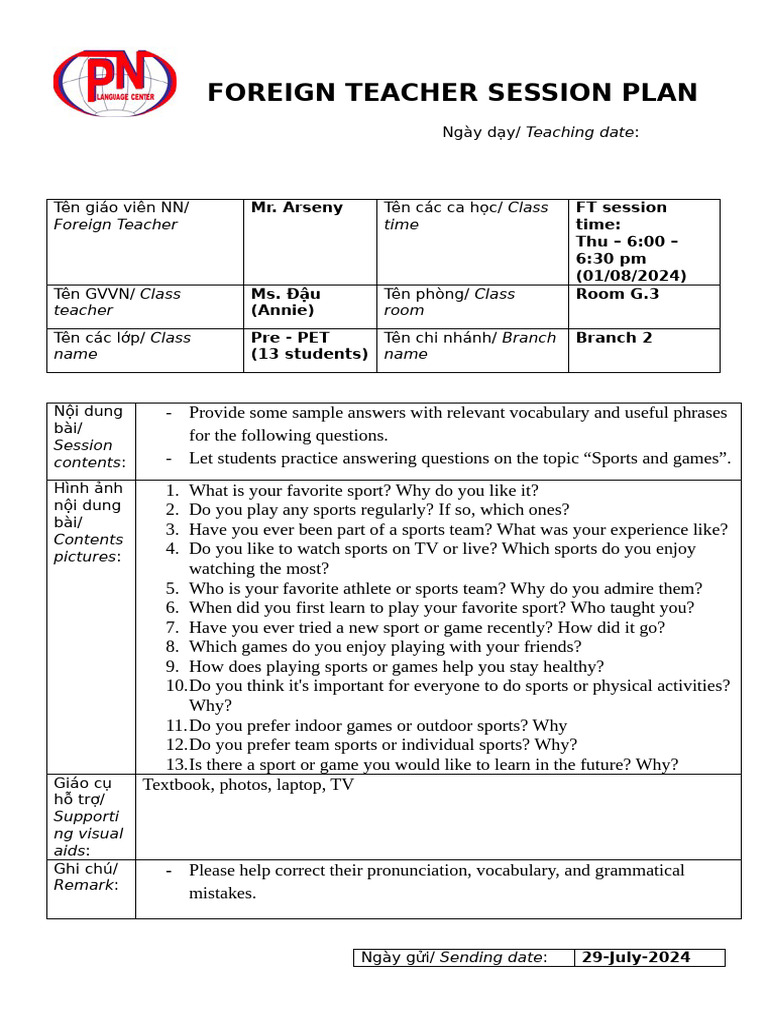 Foreign Teacher Session Plans - MR Arseny - 01 August - Pre PET | PDF ...