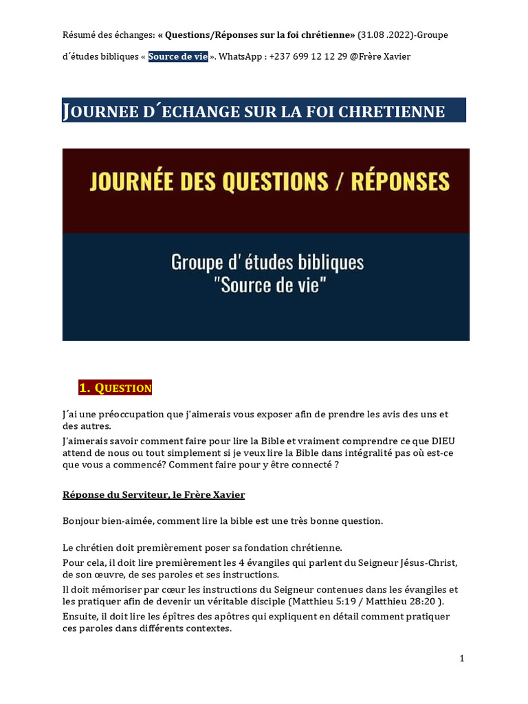 Questions/Réponses sur la Foi Chrétienne | PDF | Baptisme | Bible